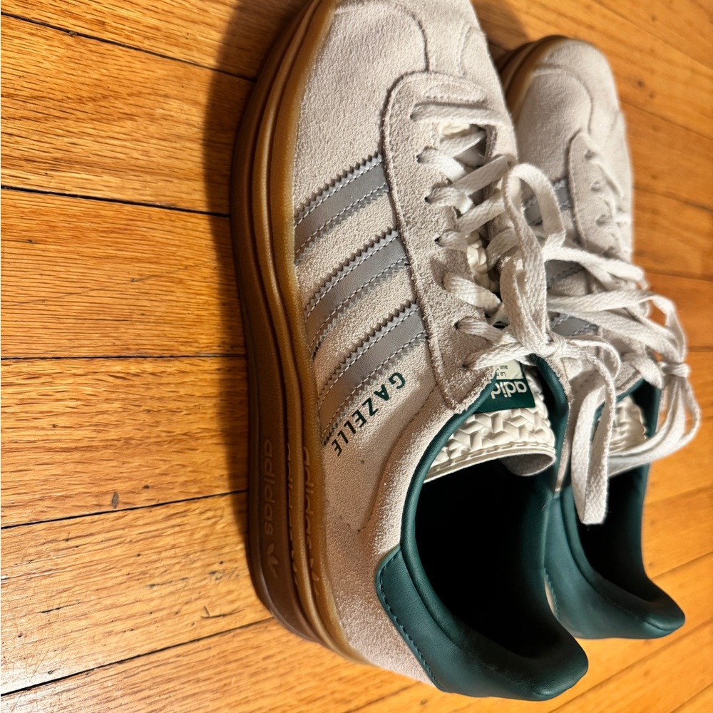 Adidas Women’s platform gazelle Cream, Green, and Silver Sneakers - Picture 2 of 7